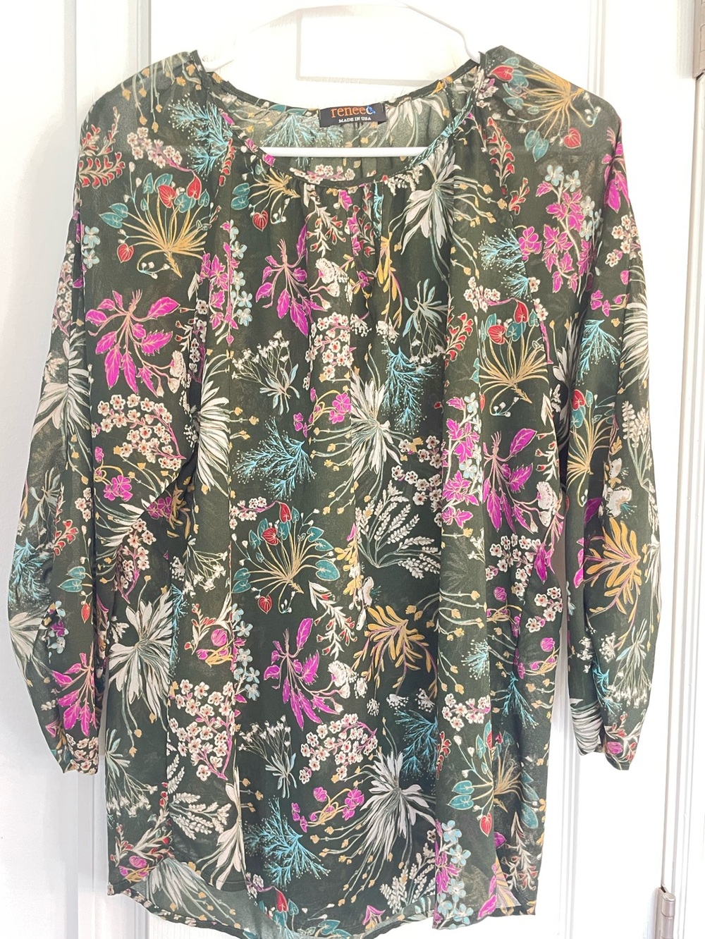 renee C. Olive Floral  semi sheer Long-Sleeve Blouse size 2x